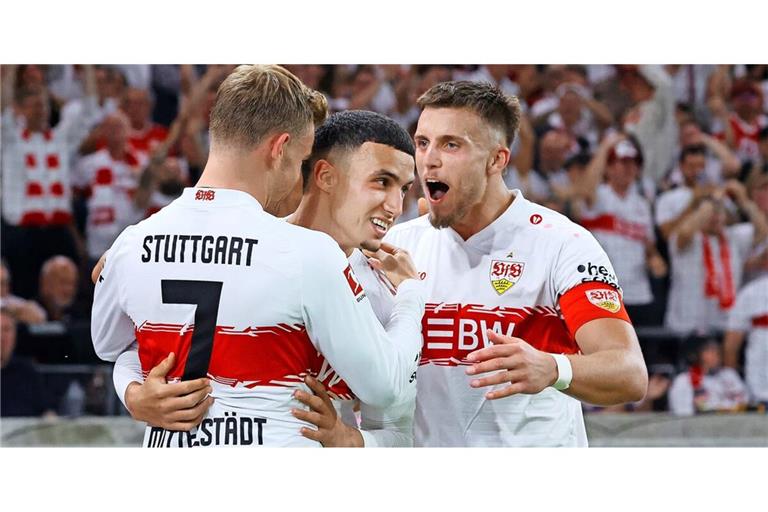 Maximilian Mittelstädt, Bilal El Khannouss und Ermedin Demirovic (von links) wollen mit dem VfB in der Europa League weit kommen.