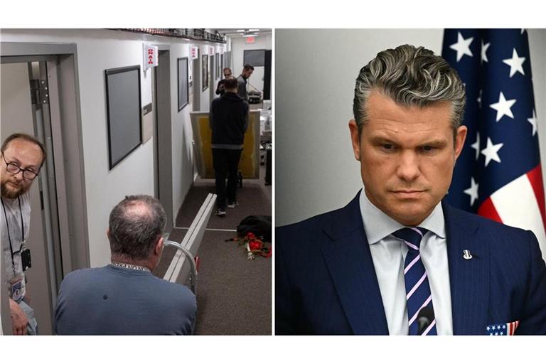 Medienvertreter packen ihre Sachen im Pressebereich des Pentagon zusammen, nach dem US-Verteidigungsminister Hegseth neue Regeln für Journalisten auf den Weg bringen will.