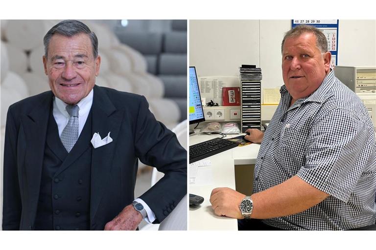 Mehr als 45 Jahre hat Karl-Josef Schoser (rechts) unter Wolfgang Grupps Führung bei Trigema gearbeitet. Der Betriebsratschef hat der Firma auch nach der Übergabe an die nächste Generation die Treue gehalten – bis heute.