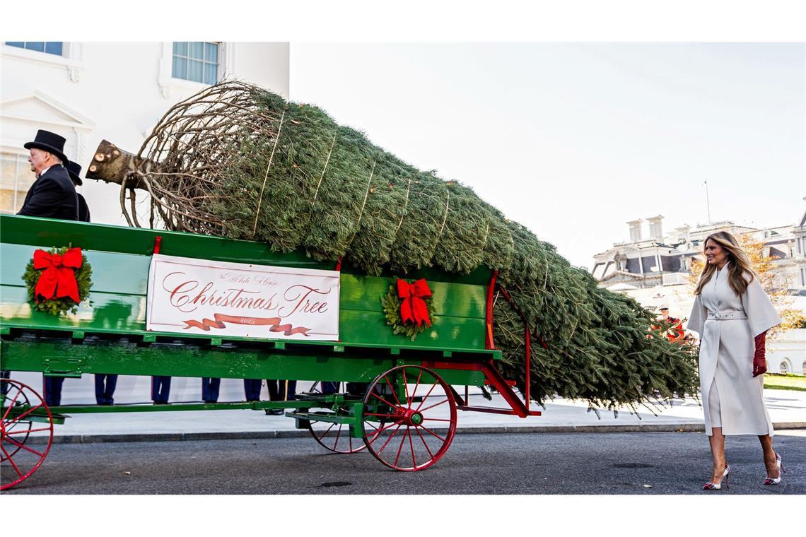 Melania Trump empfängt den offiziellen Weihnachtsbaum 2025 des Weißen Hauses.