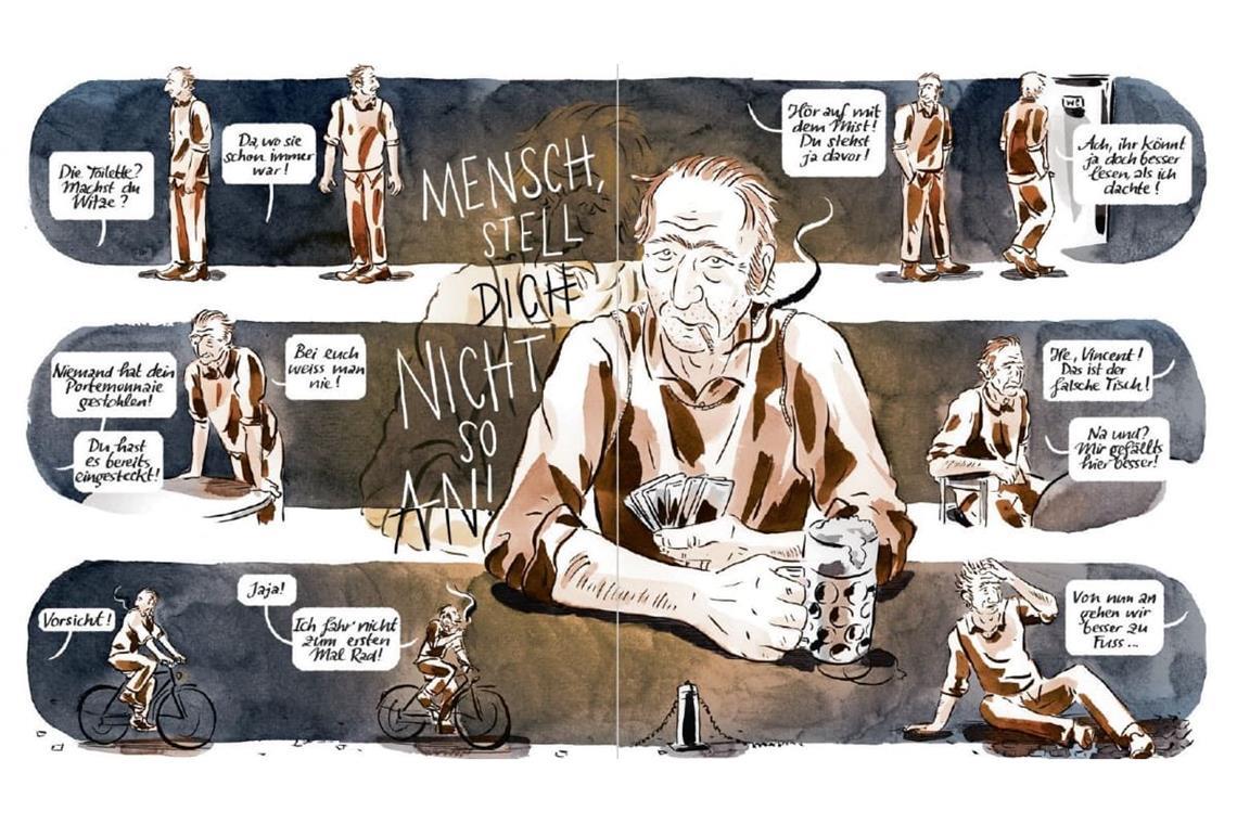 Melanie Carolin Wigger malt aus, wie ein Mann immer mehr die Orientierung in seinem Leben verliert. Doppelseite aus der Graphic Novel „Vincent“