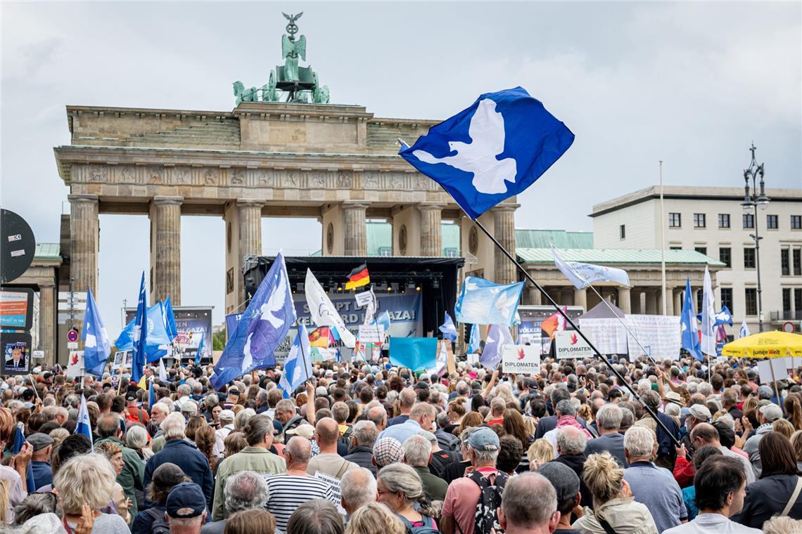 Menschen nehmen an der Demonstration vor dem Brandenburger Tor teil.