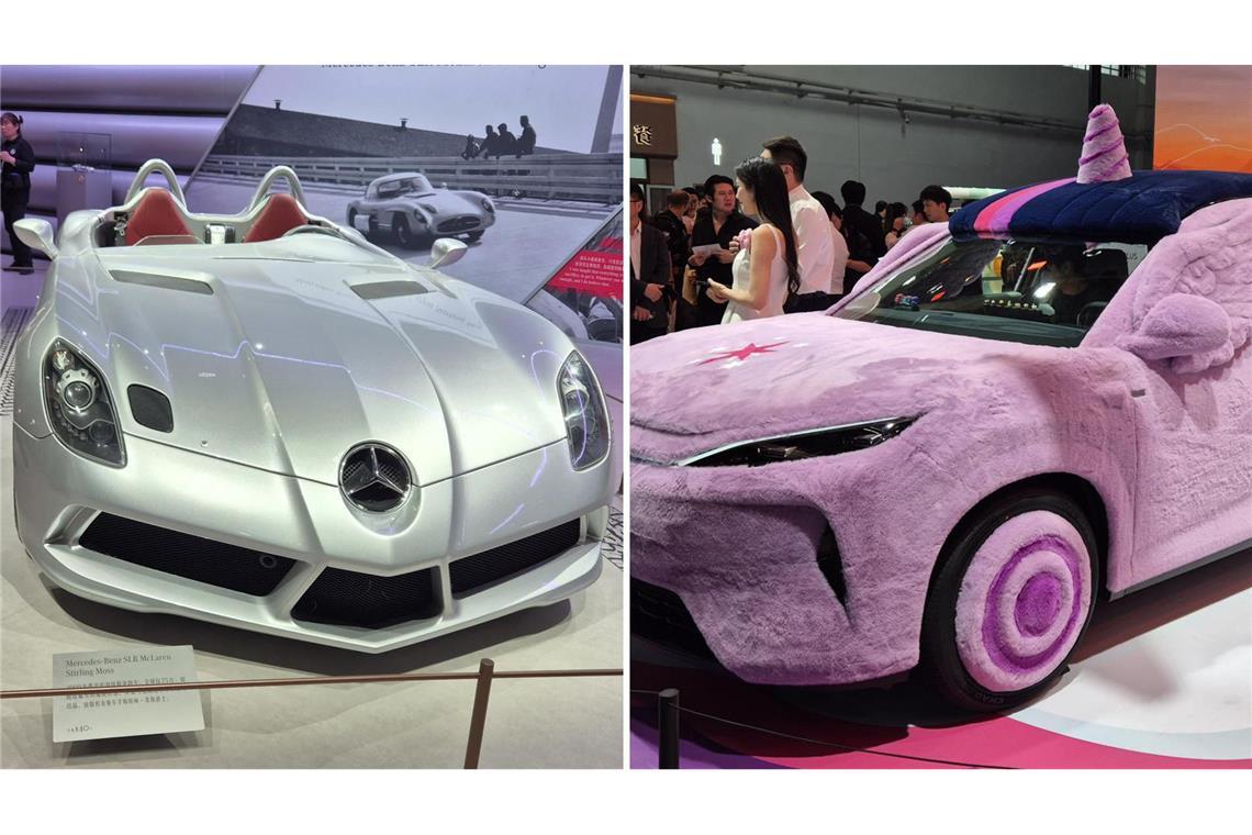 Mercedes präsentiert neben seinen Neuheiten auch legendäre Modelle wie den SLR McLaren Stirling Moss, bei BYD steht ein Auto im Fell-Look. Klicken Sie sich durch unsere Bildergalerie.