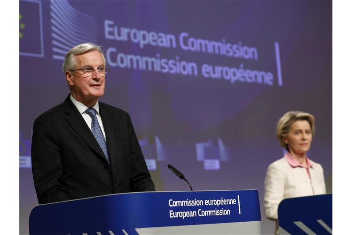 Michel Barnier, EU-Chefunterhändler für den Brexit, und EU-Kommisionspräsidentin Ursula von der Leyen während einer Pressekonferenz. Foto: Francisco Seco/Pool AP/dpa