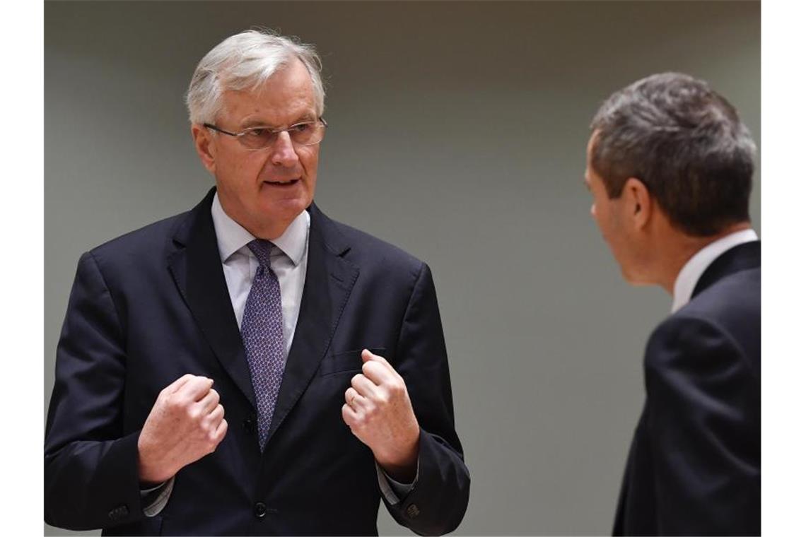 Michel Barnier (l), Chefunterhändler der Europäischen Union für den Brexit, spricht mit Michael Clauss, EU-Botschafter von Deutschland, während eines Treffens. Foto: John Thys/Pool AFP/AP/dpa