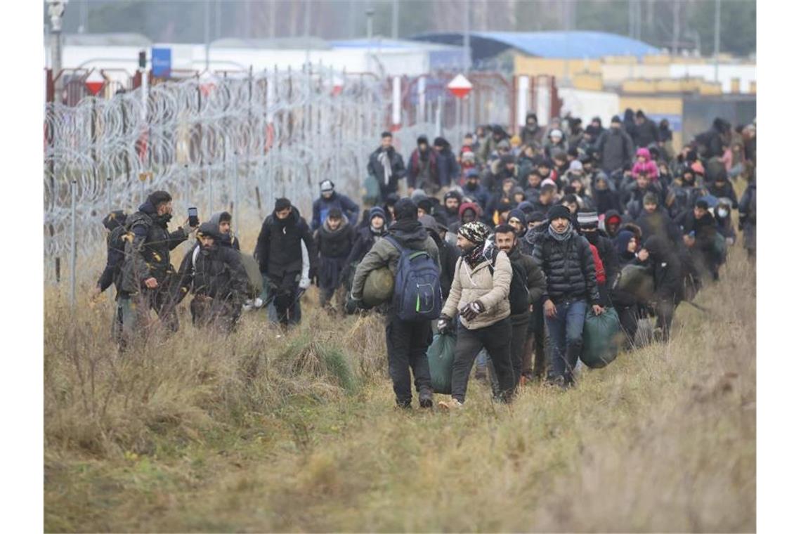 Migranten am Stacheldrahtzaun an der belarussisch-polnischen Grenze. Foto: Leonid Shcheglov/BelTA/AP/dpa