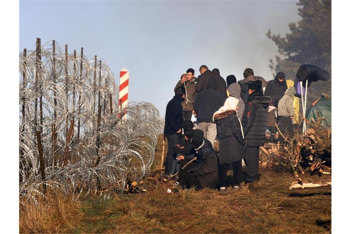 Migranten vor einem Grenzzaun aus Stacheldraht an der belarussisch-polnischen Grenze bei Grodno Grodno. Foto: Leonid Shcheglov/BelTA/AP/dpa