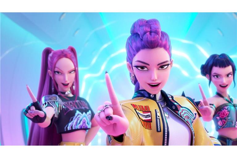 Mira (Stimme von May Hong, l-r), Rumi (Stimme von Arden Cho) und Zoey (Stimme von Ji-Young Yoo) - eine Szene aus "KPop Demon Hunters" (undatiert).