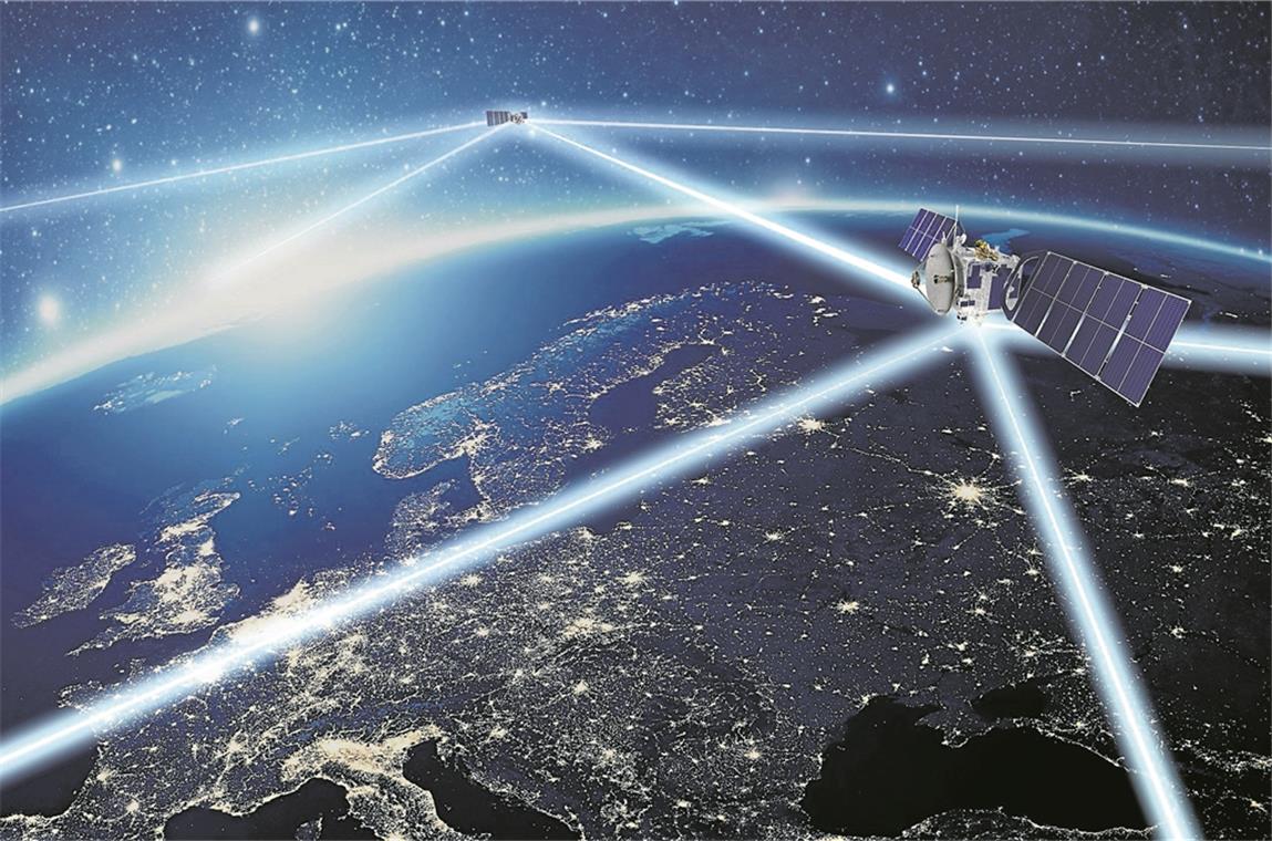 Mit 1,8 Gigabit pro Sekunde werden die Daten per Laser von einem Satelliten zum nächsten gesendet. Visualisierung: Tesat-Spacecom
