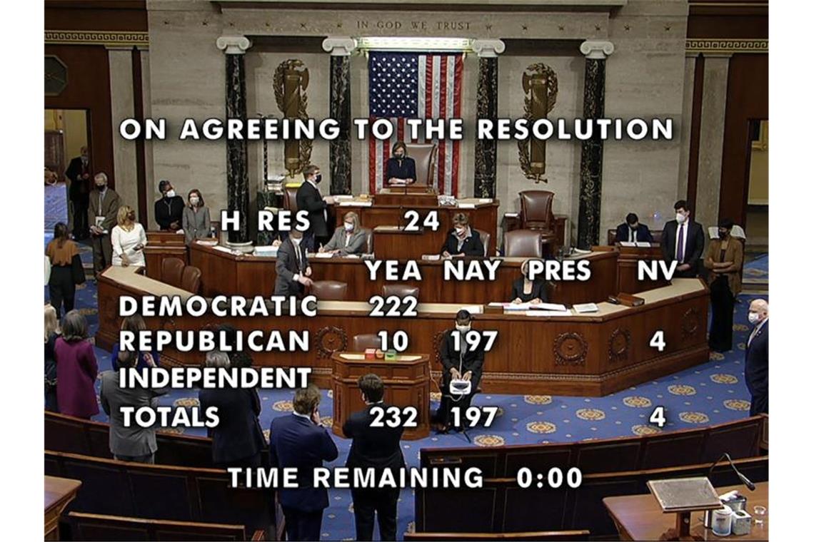 Mit 232 zu 197 Stimmen ist für ein Amtsenthebungsverfahren vom Präsident Donald Trump nach dem Sturm auf das Kapitol gestimmt worden. Foto: House Television/AP/dpa