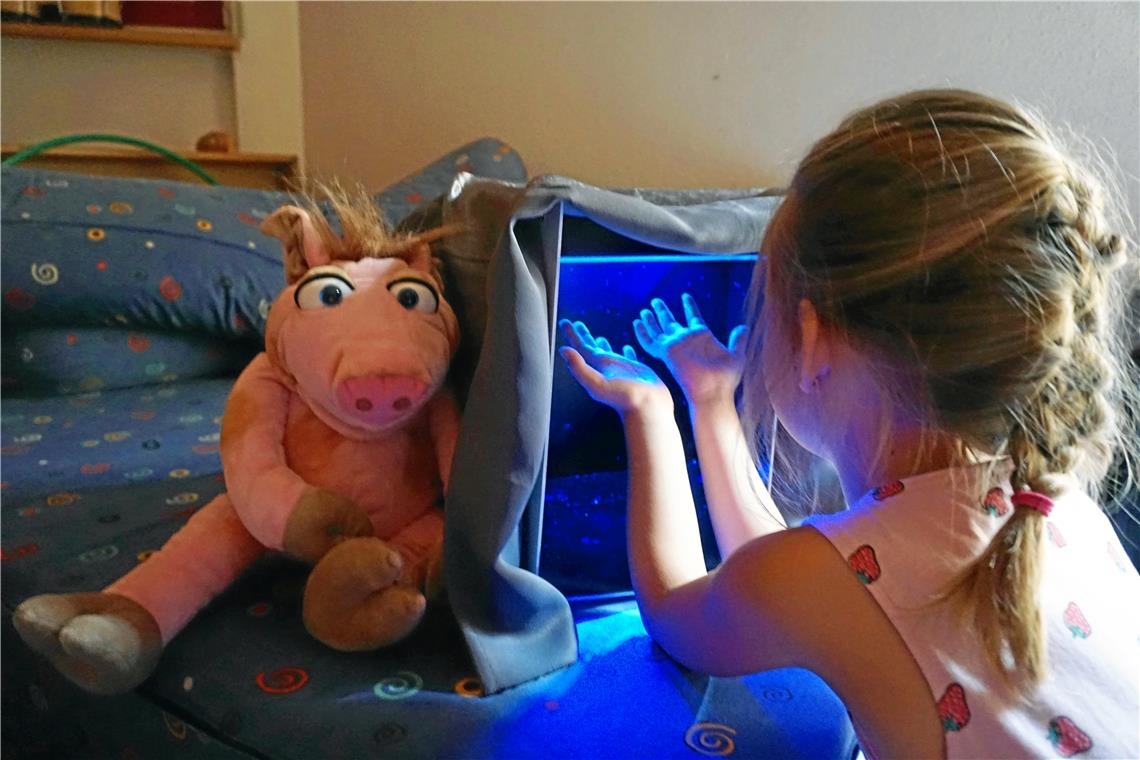 Mit der Schwarzlichtbox überprüft das Mädchen, ob es sich auch richtig die Hände gewaschen hat. Das Maskottchen Sissi schaut zu. Foto: DRK