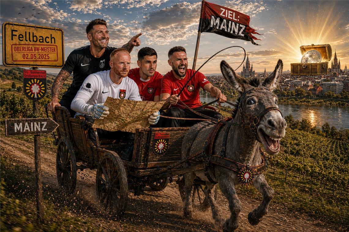 Mit dieser KI-generierten Grafik mit Trainer Pascal Reinhardt, Keeper Maximilian Reule, Mert Tasdelen und Kapitän Volkan Celiktas (von links) motiviert die SG Sonnenhof Großaspach ihre Fans zur Fahrt nach Mainz. Grafik: KI/SG Sonnenhof Großaspach