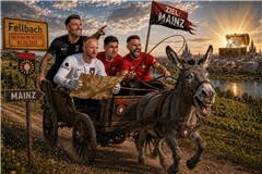 Mit dieser KI-generierten Grafik mit Trainer Pascal Reinhardt, Keeper Maximilian Reule, Mert Tasdelen und Kapitän Volkan Celiktas (von links) motiviert die SG Sonnenhof Großaspach ihre Fans zur Fahrt nach Mainz. Grafik: KI/SG Sonnenhof Großaspach