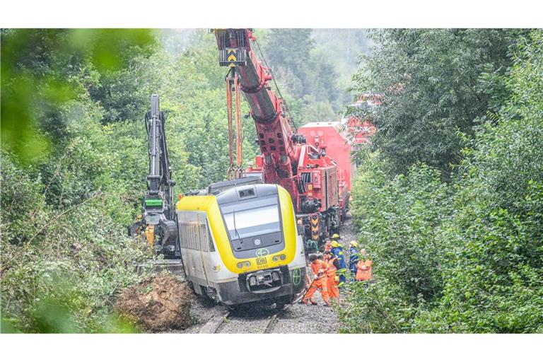 Mit einem Kran wird an der Unfallstelle, an der ein Regionalzug entgleist ist, gearbeitet. Ein Regionalexpress war am Sonntagabend (27.07.2025) in Riedlingen nach bisherigen Erkenntnissen infolge eines Hangrutsches entgleist.