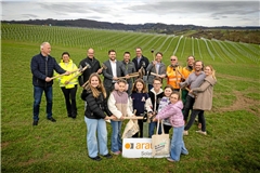 Mit kräftigen Hammerschlägen zugange (hintere Reihe, von links): Reiner Crestani (DGS), Inés Arau (Arausol), Heiko Melzer (DGS), Daniel Bogner, Gemeinderat Timo Kleeh, Landrat Richard Sigel, Jochen Roos (Büro Roosplan), Dietmar Buchfink (Bauleiter Arausol), Gemeinderäte Dietmar Schönberger und Jan Hutzenlaub, Bauamtsleiterin Sarah Kienzle-Krauter und Kindergemeinderäte (vorne). Fotos: Alexander Becher