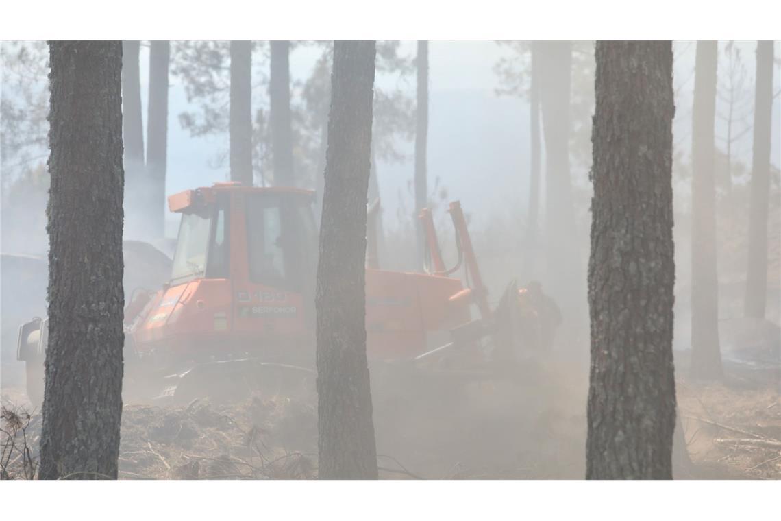 Brände in Südeuropa und Türkei lassen nach - aber neue Hitze Mit schwerem Gerät wie dieser Planierraupe schlagen Brandbekämpfer Schneisen in die Wälder, um so die Flammen einzudämmen.