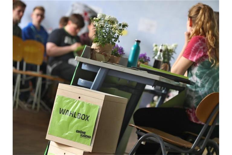 Mitglieder der Grünen Jugend Baden-Württemberg sitzen bei ihrer Landesmitgliederversammlung hinter zwei Wahlboxen. Foto: Karl-Josef Hildenbrand
