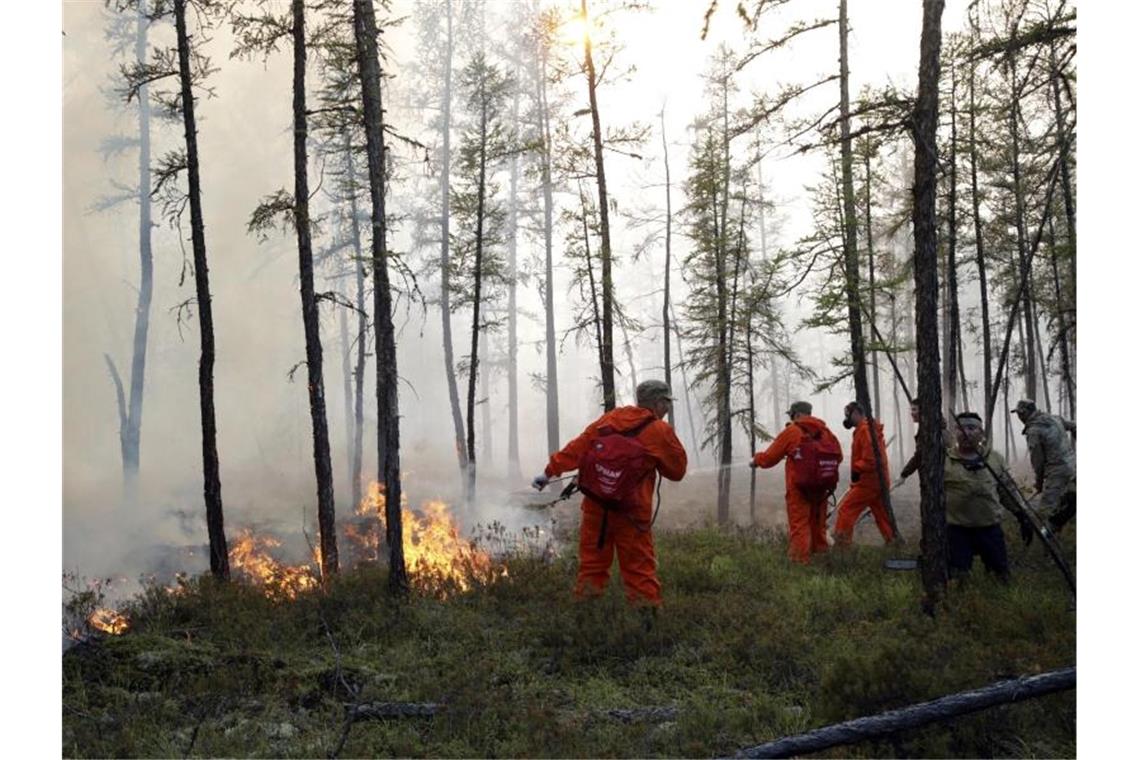 Mittlerweile sind mehr als 9000 Helfer im Kampf gegen die Flammen im Einsatz. Foto: Vasily Kuper/AP/dpa