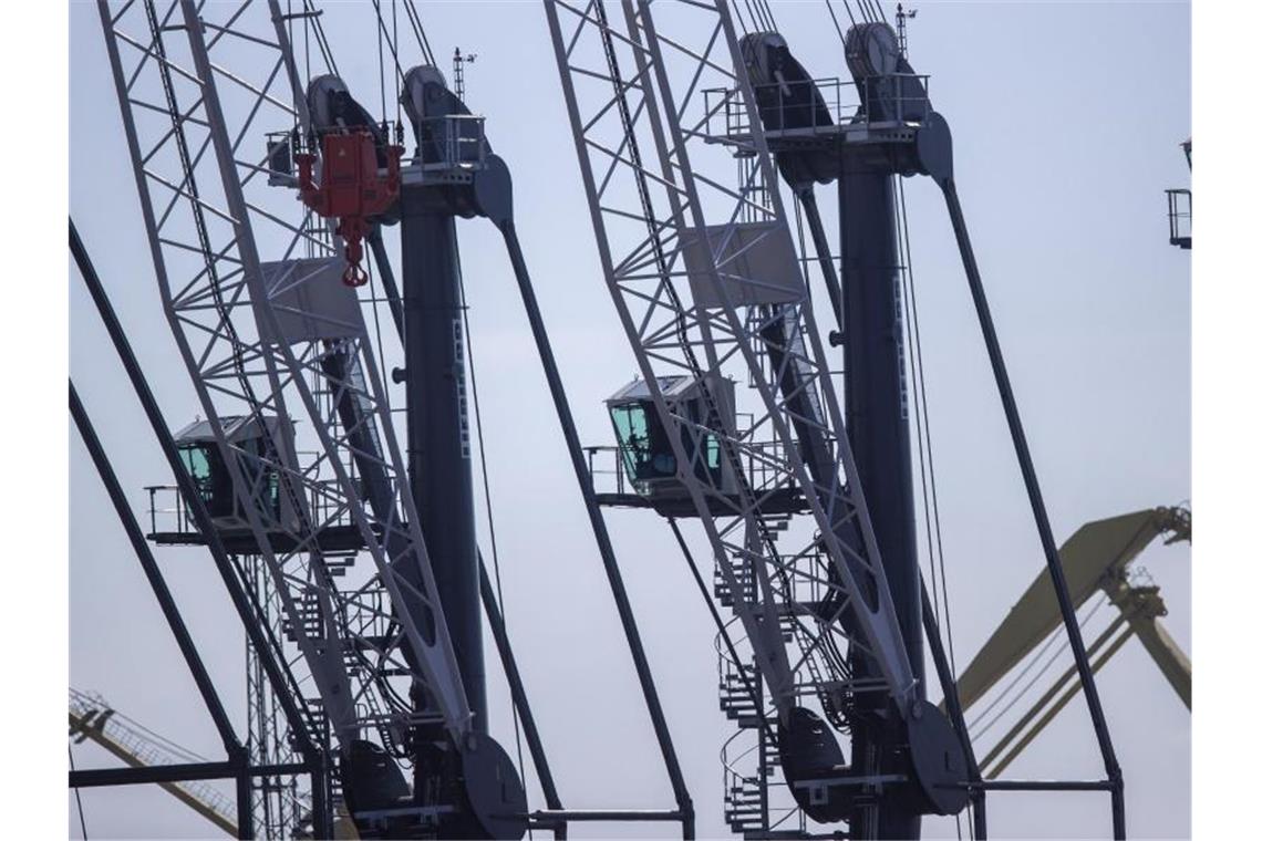 Zeichen stehen auf Konjunkturerholung Mobile Kräne im Rostocker Seehafen. Die deutsche Industrie profitiert laut Bundesbank bereits seit geraumer Zeit von einer starken Nachfrage im Zuge der weltweiten Konjunkturerholung. Foto: Jens Büttner/dpa-Zentralbild/dpa