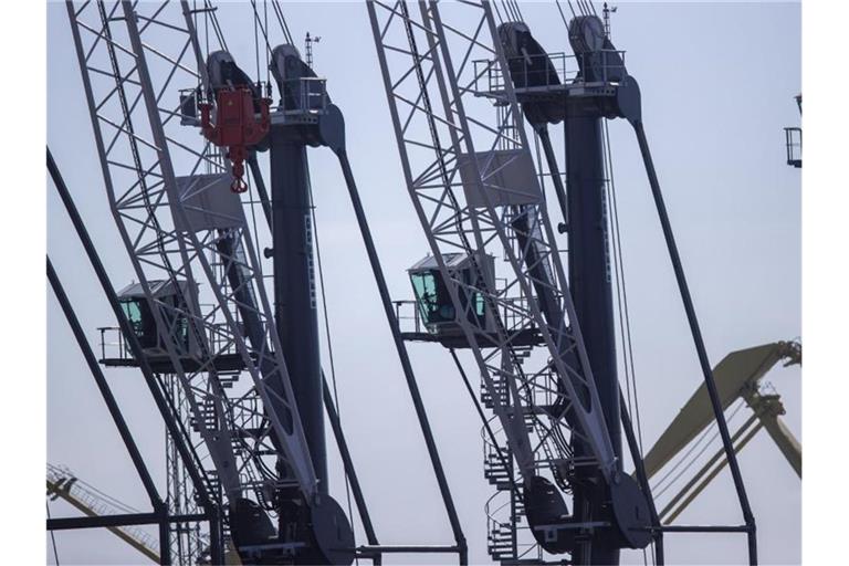 Mobile Kräne im Rostocker Seehafen. Die deutsche Industrie profitiert laut Bundesbank bereits seit geraumer Zeit von einer starken Nachfrage im Zuge der weltweiten Konjunkturerholung. Foto: Jens Büttner/dpa-Zentralbild/dpa