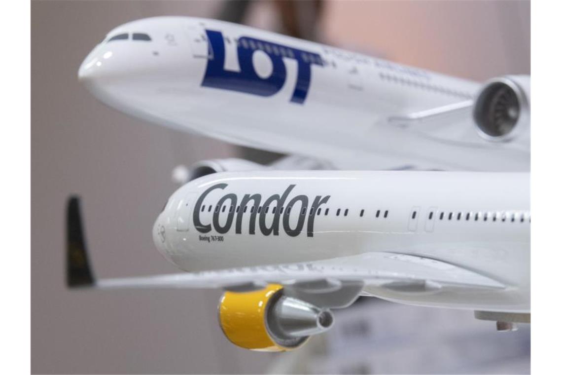 Modelle eines LOT- und eines Condor-Flugzeugs. Foto: Boris Roessler/dpa