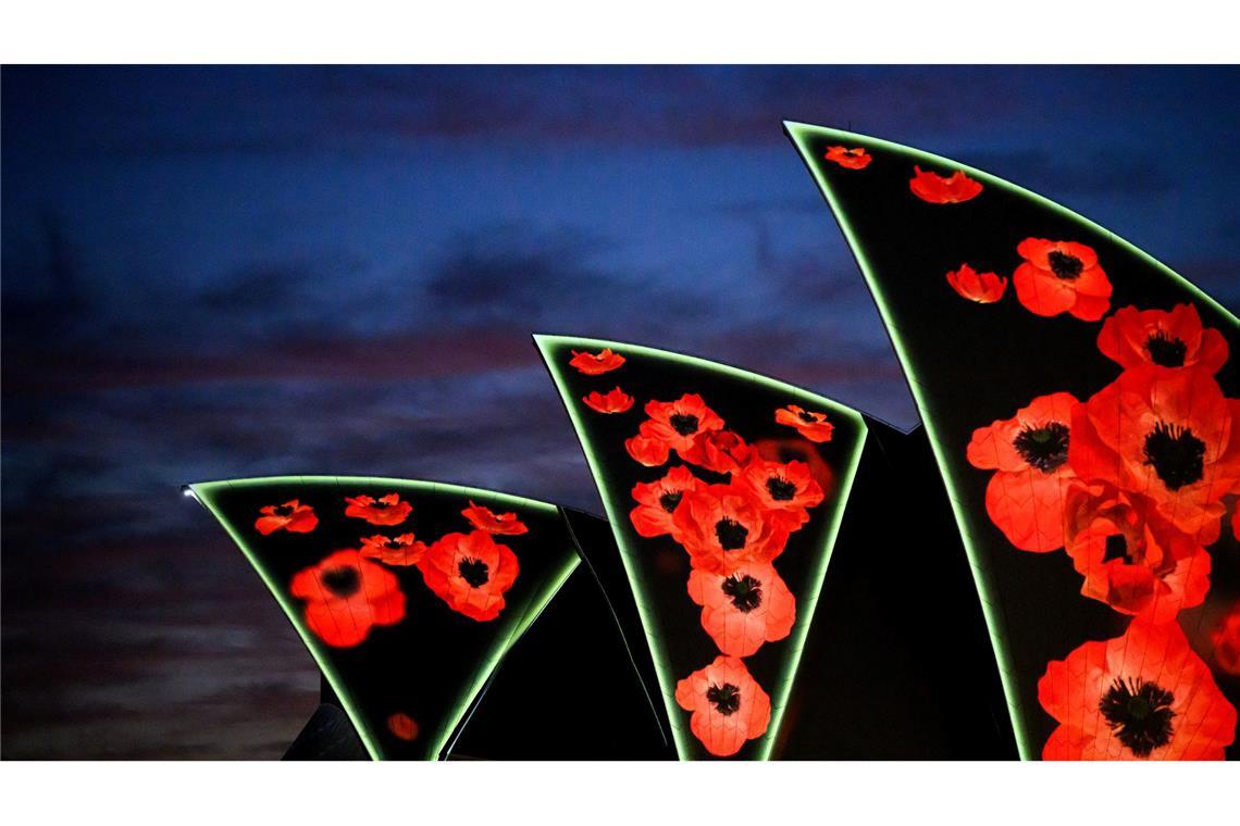 Mohnblumen werden auf die Segel des Opernhauses von Sydney projiziert während der Morgenandacht zum Remembrance Day 2025.