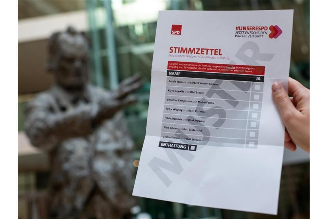 Muster-Stimmzettel für die Mitglieder-Abstimmung über den SPD-Vorsitz. Foto: Bernd von Jutrczenka/dpa