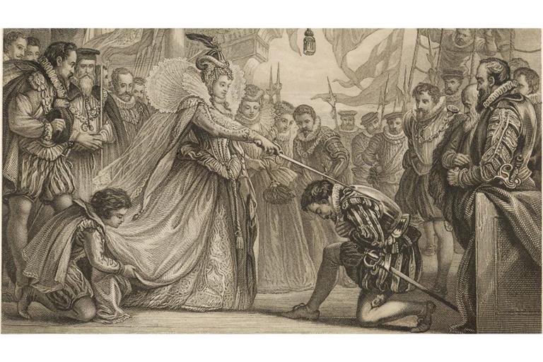 Nach der Rückkehr von seiner Weltumseglung am 26. September 1580 besucht Königin Elisabeth I. Francis Drake auf dessen Schiff „The Golden Hind“ und schlägt ihn zum Ritter.