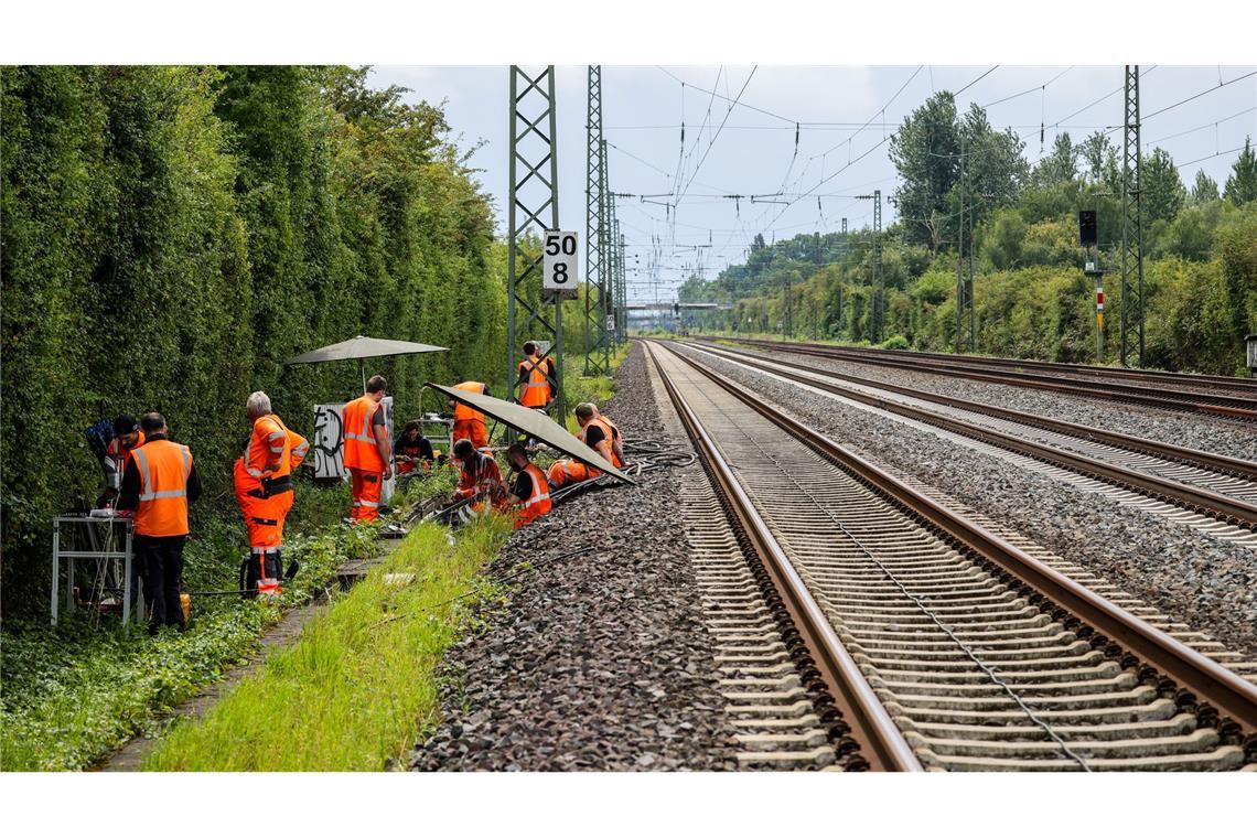 Verfassungsschutz: Bahn im Fokus von Linksextremisten Nach einem Anschlag werden Kabel repariert. (Archivbild)