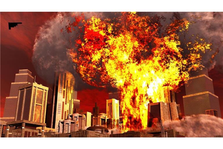 Nachdem ein B2-Atombomber (oben rechts im Bild) eine Nuklearbombe abgeworfen hat, verdampft diese fiktive Großstadt binnen Sekunden (KI-generiertes Syymbolbild).