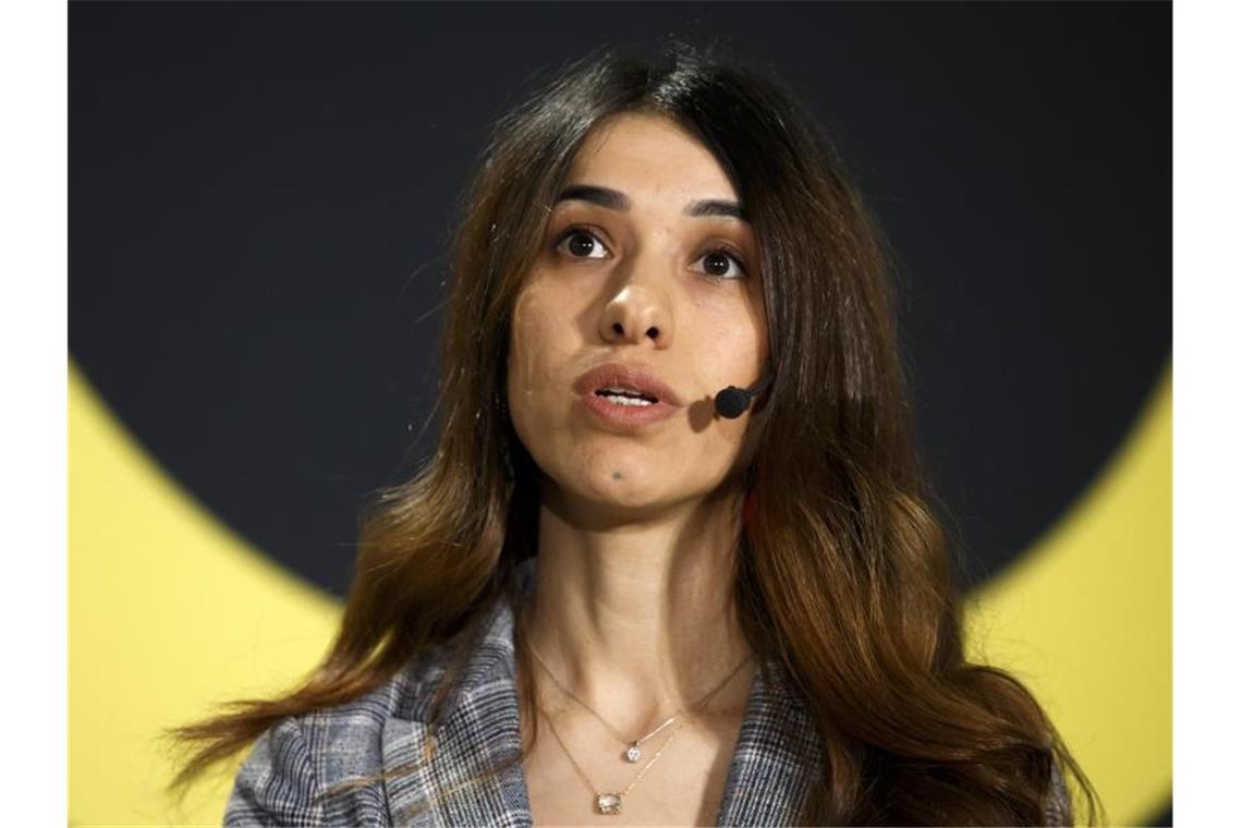 Nadia Murad, Friedensnobelpreisträgerin 2018, bei einer Diskussion im europäischen Hauptquartier der Vereinten Nationen. Foto: Salvatore Di Nolfi/KEYSTONE/dpa/Archivbild