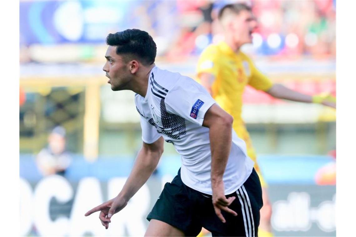 Deutschlands U21-Fußballer im EM-Finale gegen Spanien Nadiem Amiri jubelt nach seinem Tor zur 1:0-Führung für Deutschland. Foto: Cezaro De Luca