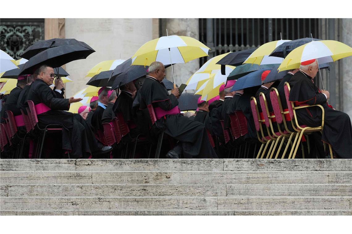 Bilder des Tages Nasse Segensstunde: Geistliche mit Schirmen bei Papst Leo XIV.“
