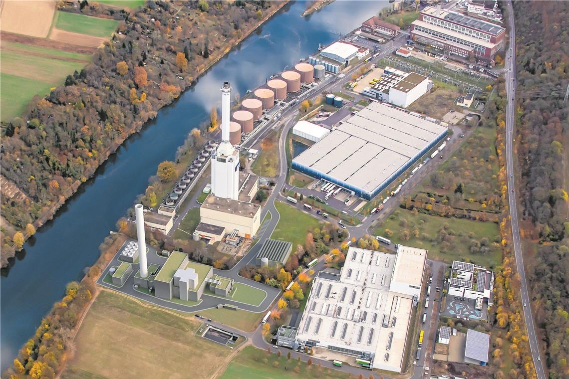 Der Zuschlag geht nach Marbach Neben dem bestehenden Kraftwerk soll ein neues (Grafik links im Vordergrund) gebaut werden. Die Inbetriebnahme ist für den 22. Oktober 2022 geplant. Grafik: EnBW