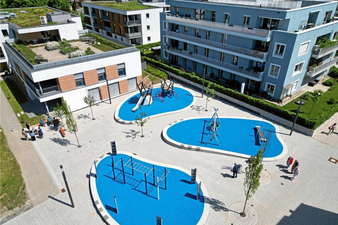 Neuer Quartiersplatz im Backnanger Bonhoeffer-Areal eröffnet Neu gepflanzte Bäume sollen künftig Schatten im Bonhoeffer-Areal spenden. Foto: Stadt Backnang