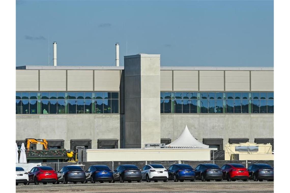 Neue Elektrofahrzeuge der Marke Tesla stehen auf dem Baugelände der Tesla Gigafactory östlich von Berlin. Foto: Patrick Pleul/dpa-Zentralbild/ZB