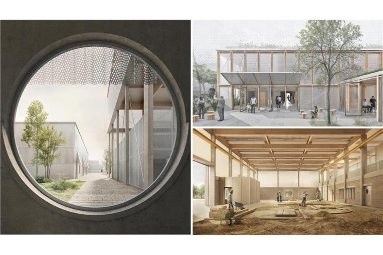 Neue IBA-Projekte: Gemeindehaus in Stuttgart (o. re.), Bildungszentrum Geradstetten.
