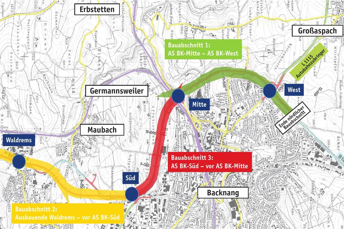 Fehlende Verträge blockieren B-14-Ausbau Neue Reihenfolge angeregt: Nun soll erst der Abschnitt zwischen Backnang-West und Backnang-Mitte gebaut werden. Los geht’s voraussichtlich mit dem zweiten Viadukt im Jahr 2022. Karte: Stadt Backnang