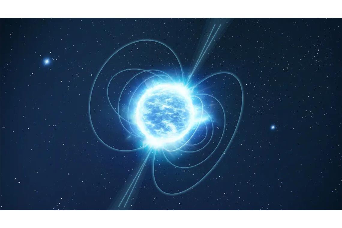 Neutronensterne, wie hier in der Abbildung, sind extrem dichte Überreste explodierter Sterne, die ein starkes Magnetfeld besitzen.