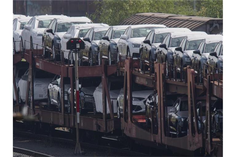 Neuwagen stehen auf einem Güterzug am Güterbahnhof in Seelze (Niedersachsen). Im Januar wurden rund 31 Prozent weniger Autos zugelassen als noch im Vorjahresmonat. Foto: Julian Stratenschulte/dpa