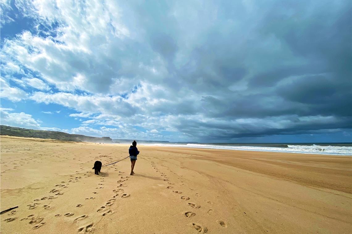 Nicolette Friedemann mit Hund : Die Backnangerin war oftmals nahezu allein am Strand in Portugal, an dem sich ansonsten die Wellenreiter tummeln und ein spektakuläres Schauspiel abgeben. Fotos: privat