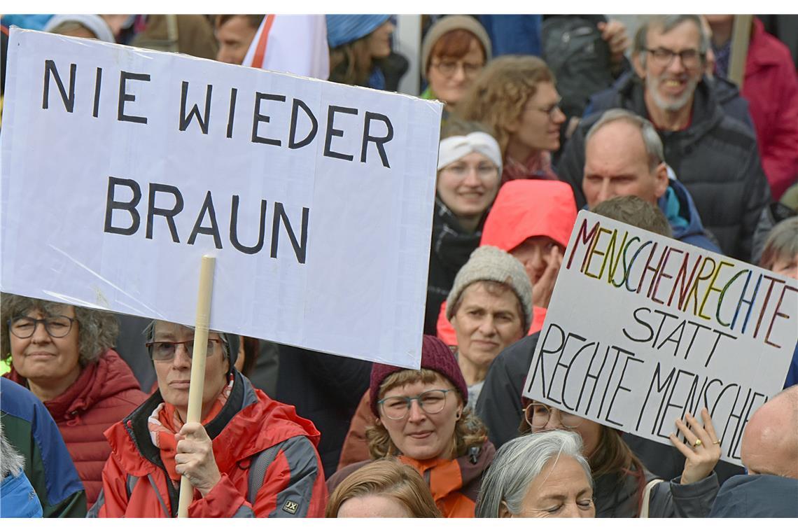 NIE WIEDER BRAUN steht auf dem Schild. Demonstration und Kundgebung gegen Rechts...