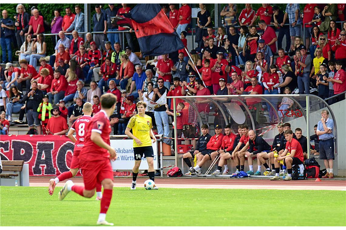 Niklas Mohr (Nr. 14) vor der Gästetribüne. Auswärtssieg der SG Sonnenhof Großasp...
