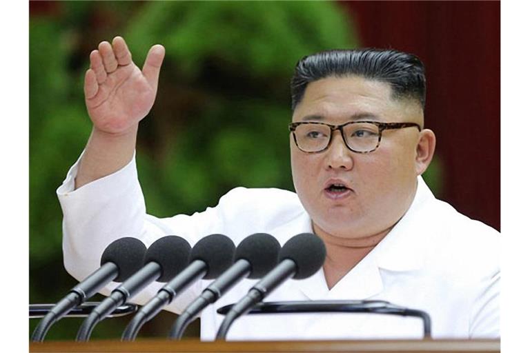 Nordkoreas Machthaber Kim Jong Un gestikuliert bei einem Treffen führender Funktionäre der regierenden Arbeiterpartei. Foto: -/YNA/dpa