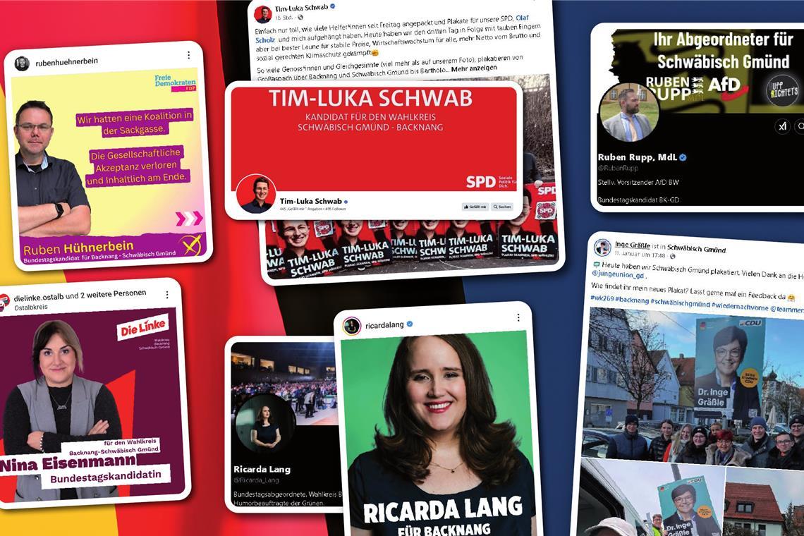 Der digitale Wahlkampf im Wahlkreis Backnang läuft Ob auf Instagram, Facebook, X oder Tiktok: Die Kandidatinnen und Kandidaten im Wahlkreis Backnang/Schwäbisch Gmünd kämpfen auch auf den verschiedenen Social-Media-Plattformen um die Gunst der Wähler. Gestaltung: Sindy Koch; Grafik: Adobe Stock/Westlight