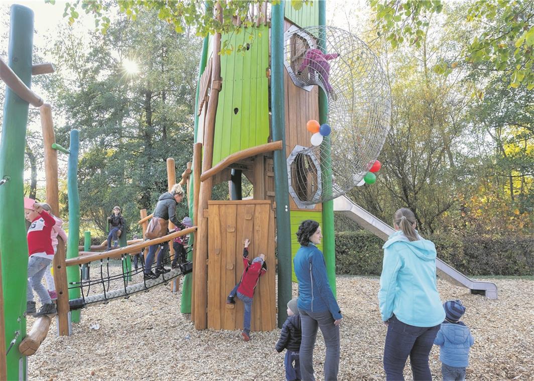 Ob von außen oder innen, ob über Seile oder Baumstämme: Der neue Kletterturm auf dem Spielplatz Rosengarten kann auf viele Arten erobert werden. Insgesamt 60000 Euro hat die Gemeindeverwaltung für neue Spielgeräte in die Hand genommen. Foto: J. Fiedler