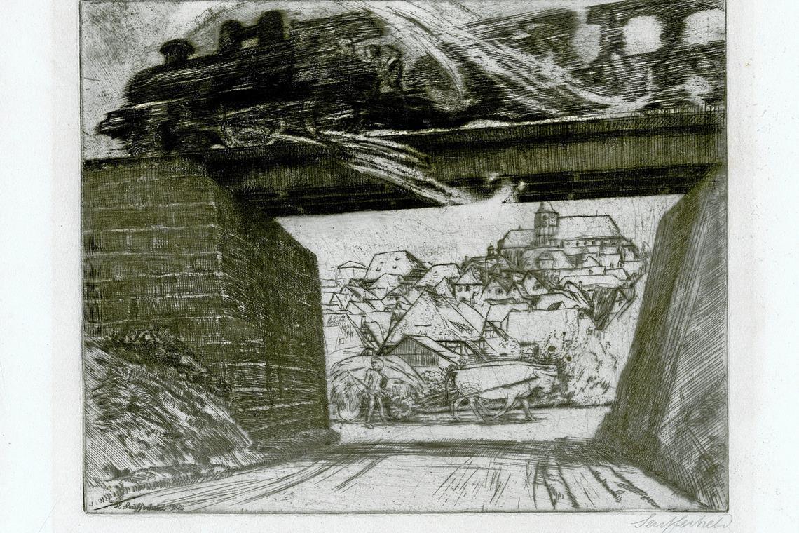 Oben Lokomotive, unten Ochsengespann: Die Radierung „Alte und neue Zeit“ (1912) von Heinrich Seufferheld ist eine Leihgabe der Stadt Weinsberg. Reproduktion: Stadt Backnang