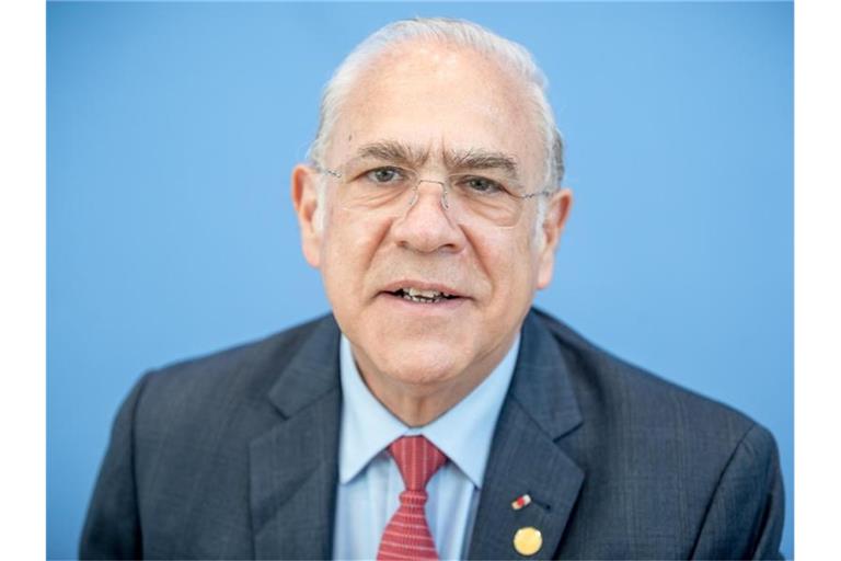 OECD-Generalsekretär Angel Gurria stellt den Wirtschaftsbericht der Organisation für Deutschland vor. Foto: Michael Kappeler/dpa