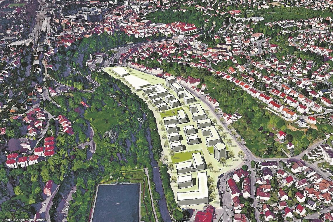 370 neue Wohnungen in der Oberen Walke Östlich der Backnanger Innenstadt soll ein neues Wohnquartier entstehen. Die Anforderungen aus dem Hochwasserschutz bremsen den Investor nicht mehr aus. Visualisierung: Wick und Partner, Stuttgart
