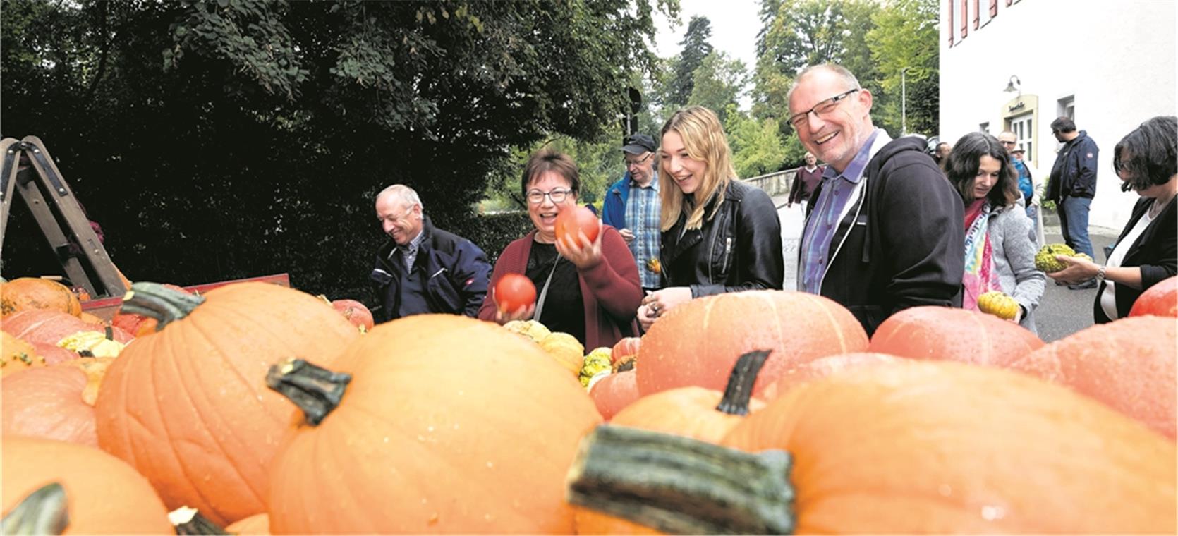 Kürbisfest: Oppenweiler im Zeichen der gelb-orangenen Frucht OPPENWEILER (jf). Trotz des nicht so vorteilhaften Wetters fanden sich im Schlossgarten in Oppenweiler zahlreiche Besucher beim traditionellen Kürbisfest des Liederkranzes ein. Auf die Gäste wartete gestern ein auch thematisch passendes Speisenangebot – beispielsweise selbst gemachte Kürbissuppe, Kürbismaultaschen oder Kürbisburger. Ein Muss für Genießer war der Kürbis-Secco. Zudem lud ein kunsthandwerklicher Markt mit Waren regionaler Anbieter zum Bummeln ein, und für Kurzweil sorgte der russische Musiker Alexander Burmistrov an Keyboard und Bajan. Am Eingang zum Schlossareal hatte Familie Heller aus Aichelbach wunderbare Kürbisse verschiedenster Größen und Sorten aufgebaut. Die Auswahl macht das besondere Flair des Festes aus. Wer Lust hatte, konnte beim Kürbisschätzen mitmachen. Bereits gegen 10 Uhr hatte das Fest mit einem ökumenischen Gottesdienst im Zelt unter den Kastanien begonnen. Liederkranz und Posaunenchor gestalteten ihn musikalisch mit. Foto: J. Fiedler